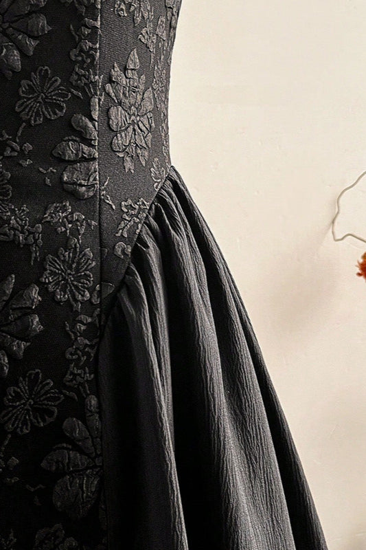 Square Neck Sleeveless Floral Embroidered Center Panel A-Line Midi Dress