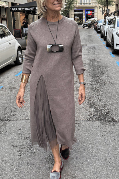 Jollie Knit Long Sleeve Front Slit Midi Sweater and Pleated Tulle Stretch Tank Midi Dress Two-piece Set