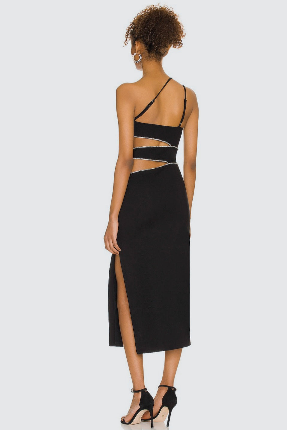 Asymmetric Spaghetti Strap Rhinestone Trim Waist Cutout Side Slit Midi Dress