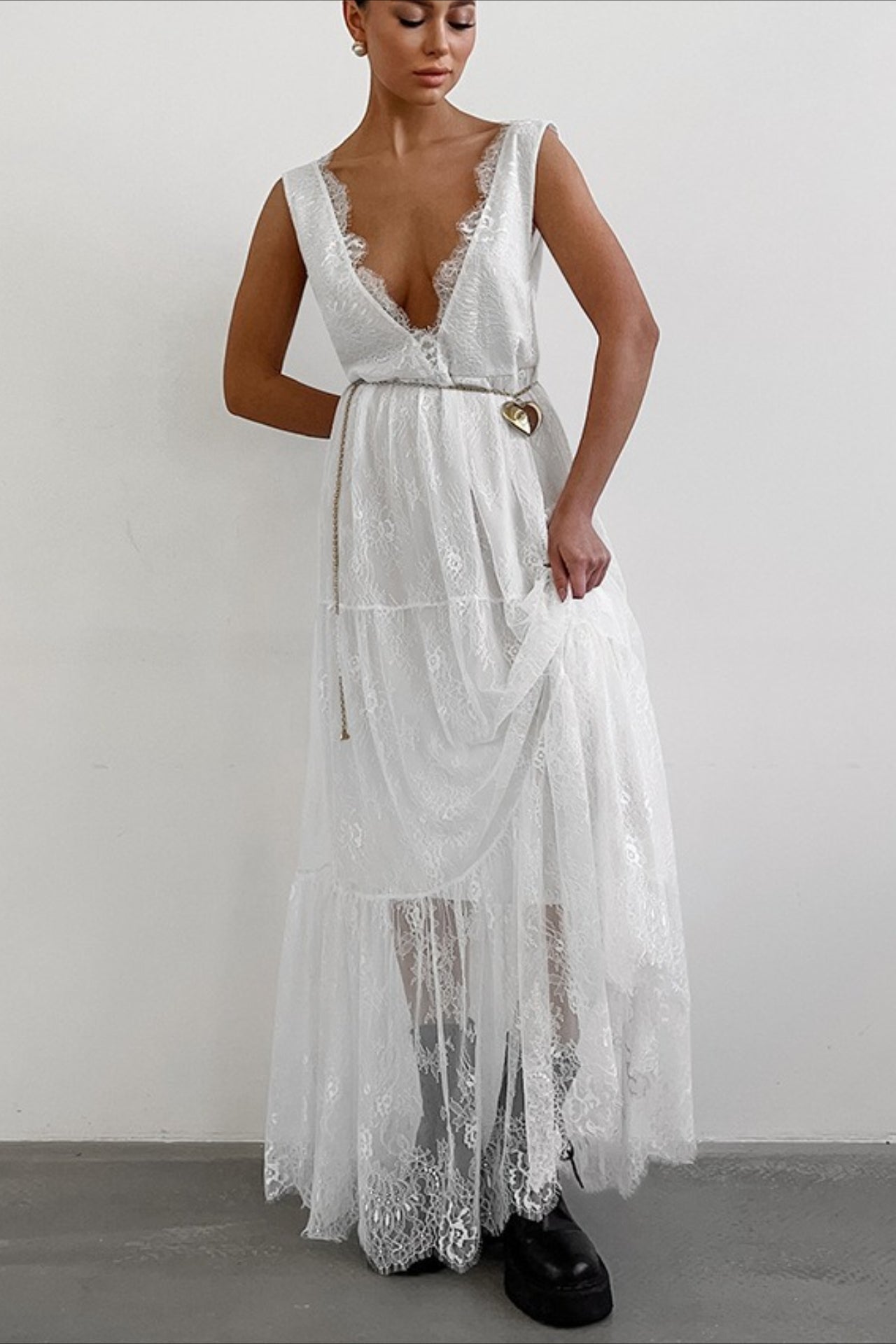Lace Trim Deep V Neck Chain Belt Sheer Overlay Maxi Dress