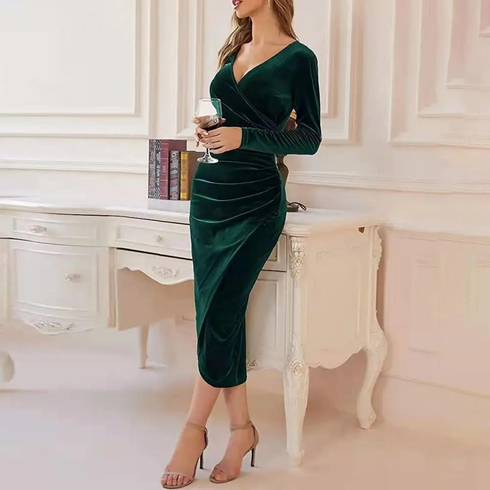 Velvet Wrap V-Neck Long Sleeve Side Ruched Tulip Hem Midi Dress