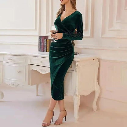 Velvet Wrap V-Neck Long Sleeve Side Ruched Tulip Hem Midi Dress