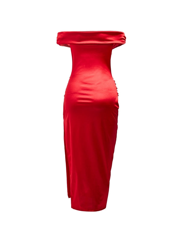 Glossy Solid Off Shoulder Thigh Split Maxi Dress
