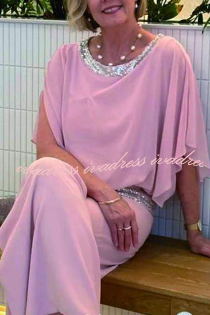 Stylish Sequin Patchwork Dolman Sleeve Top and Elastic Waist Wide Leg Pants Set