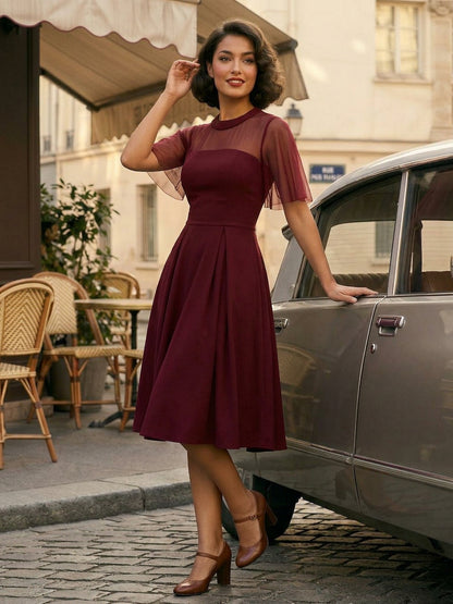Mesh Patchwork Sheer Sleeve Round Neck Elegant Party Flare Dress For Women 2026
