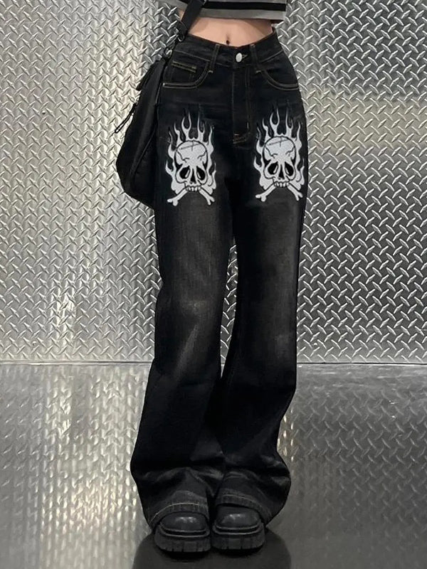 Washed Skull Print Boyfriend Jeans