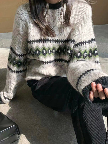 Vintage Jacquard Cable Knit Pullover Sweater
