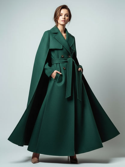 Maxi Double-breasted Woolen Coat With Detachable Cape And Belt For Women 2026