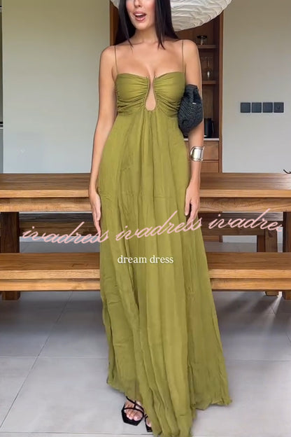 Soft and Elegant Metal Hollow Design Back Smocked A-line Slip Maxi Dress