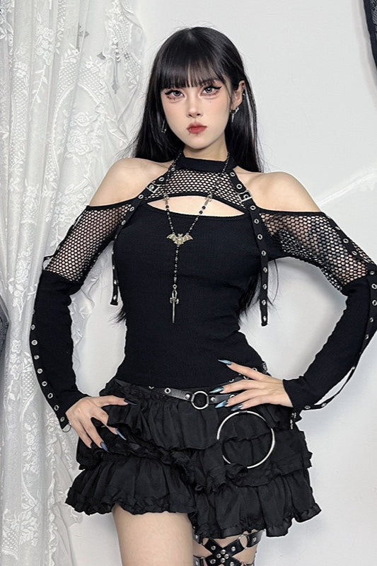 Mesh Patchwork Off Shoulder T-Shirt