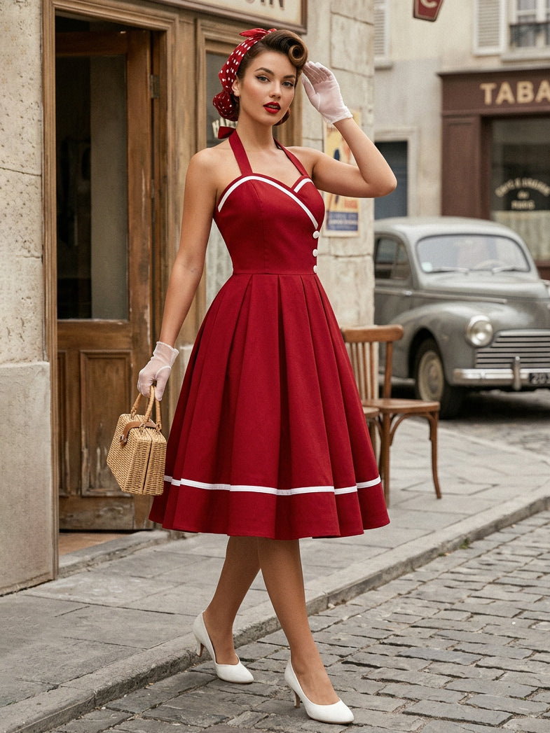 Retro Glamour Dress 1950s Style Burgundy Layered Buttons Sleeveless Sweetheart Neck Swing Dress