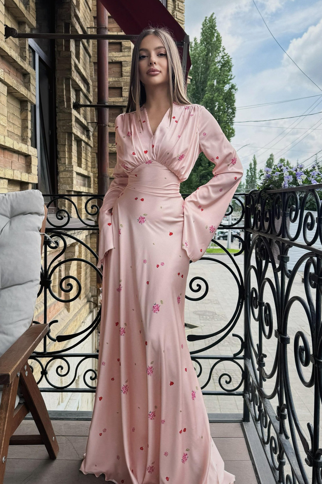 | Satin Floral V Neck Flared Hem Maxi Dress