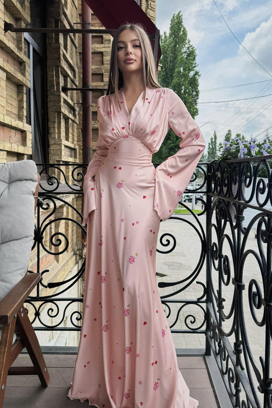 | Satin Floral V Neck Flared Hem Maxi Dress