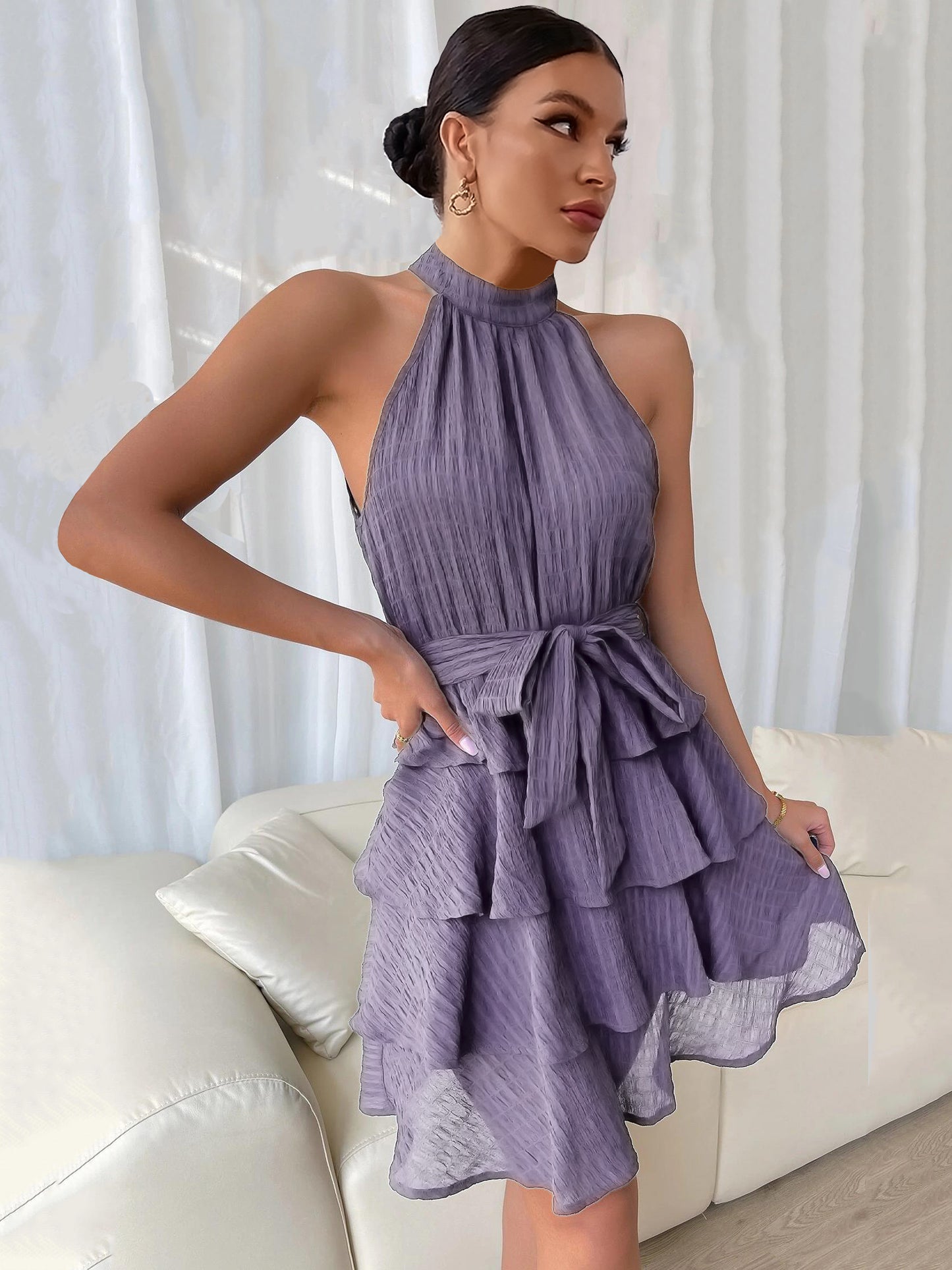 Halter Short Dress Sleeveless Pleated Belted Tulle Tiered Party Cocktail Dresses