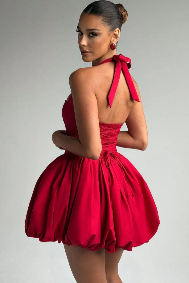 Halter Bow Back Corset Basque Waist Bubble Hem Mini Dress