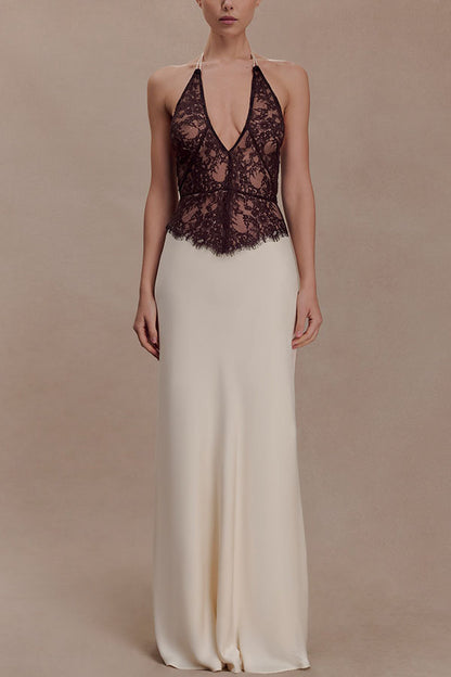 Timeless Silhouette Lace and Satin Halter Backless Drape Maxi Dresset