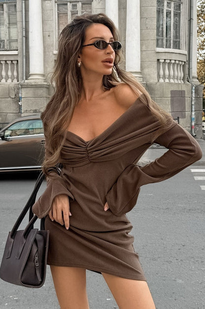Off Shoulder Ruched Sweetheart Neck Ribbed Knit Long Sleeve Bodycon Mini Dress