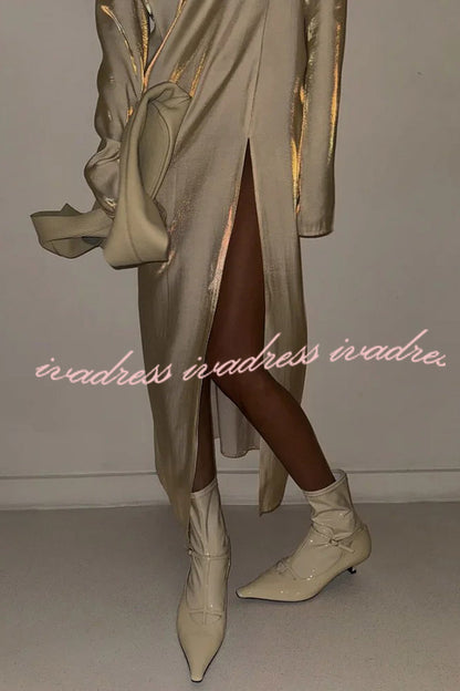 Solid Color Glossy V-neck Long Sleeve Casual Slit Maxi Dress