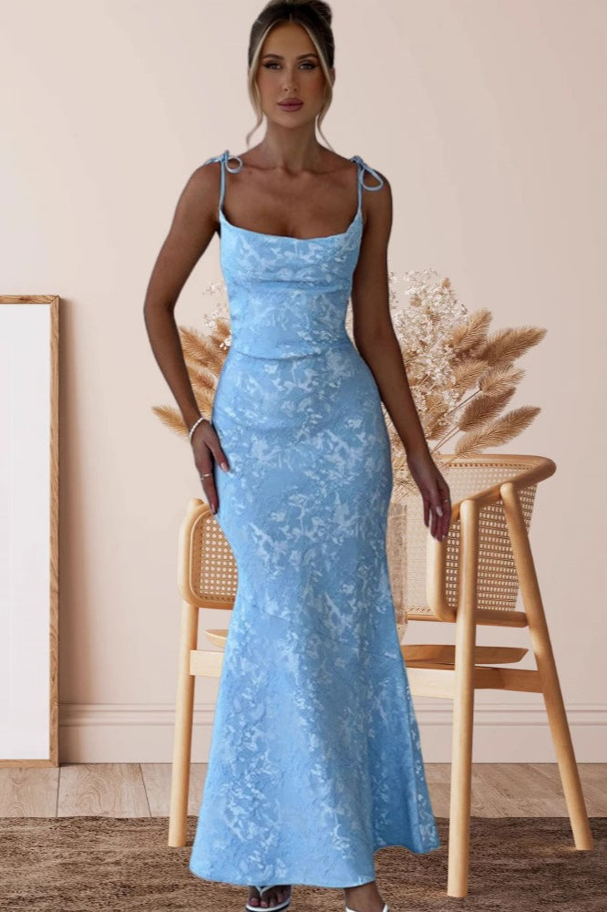 Tie-Shoulder Jacquard Floral Mermaid Maxi Formal Gown