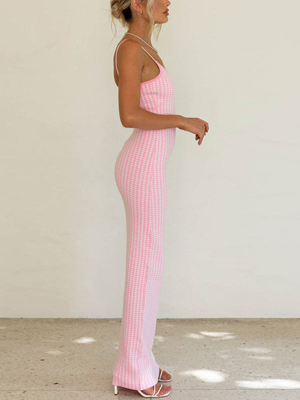 Retro Plaid Pink Suspender Slim Knitted Maxi Dress