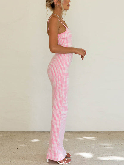 Retro Plaid Pink Suspender Slim Knitted Maxi Dress