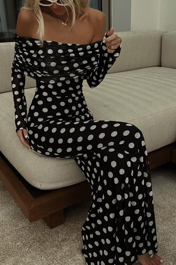 Polka Dot Off-the-Shoulder Ruched Long Sleeve Maxi Dress