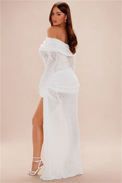 | Off Shoulder Cutout Flare Sleeve Fitted Maxi Dress