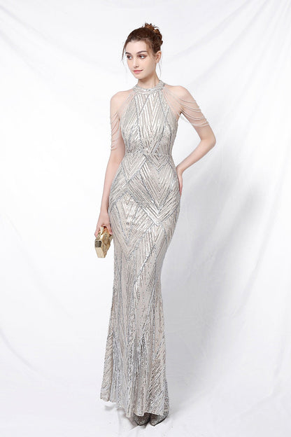 Sequin Halter Mermaid Maxi Party Dress