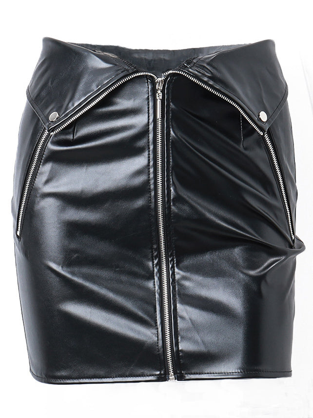 Skirt For Women Black Metal Details PU Leather Short Women Bottoms