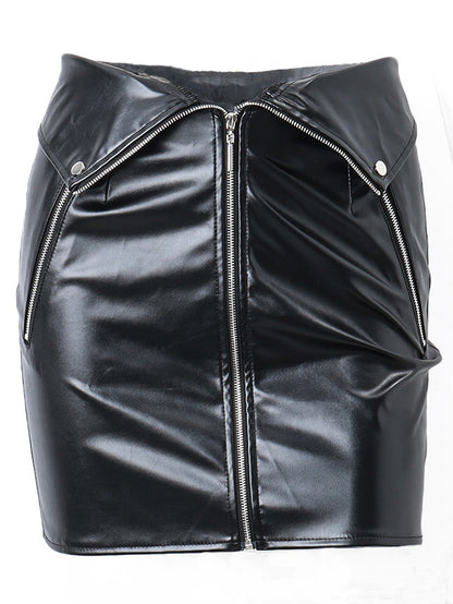 Skirt For Women Black Metal Details PU Leather Short Women Bottoms
