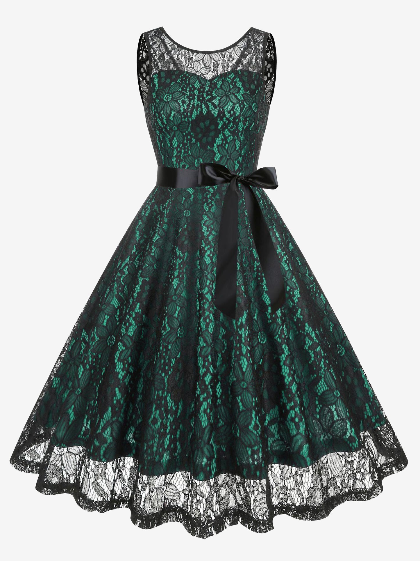 Retro Dress Green 1950s Style Two-Tone Sash Sleeveless V-Neck Medium Rockabilly Dress