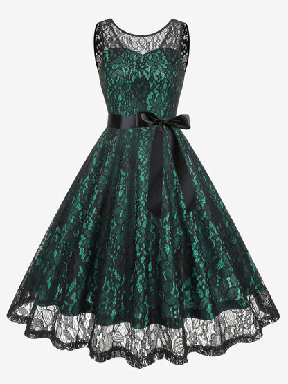 Retro Dress Green 1950s Style Two-Tone Sash Sleeveless V-Neck Medium Rockabilly Dress