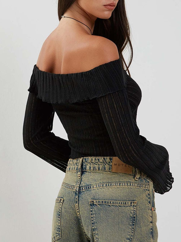 Solid Color Off Shoulder Front Slit Long Sleeve Knit