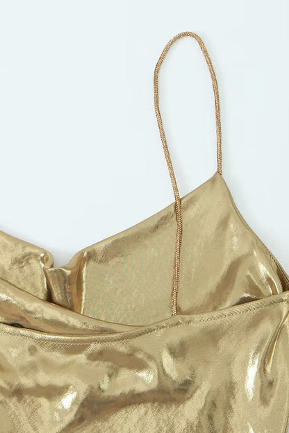 Cowl Neck Spaghetti Strap Metallic Satin Slip Mini Dress