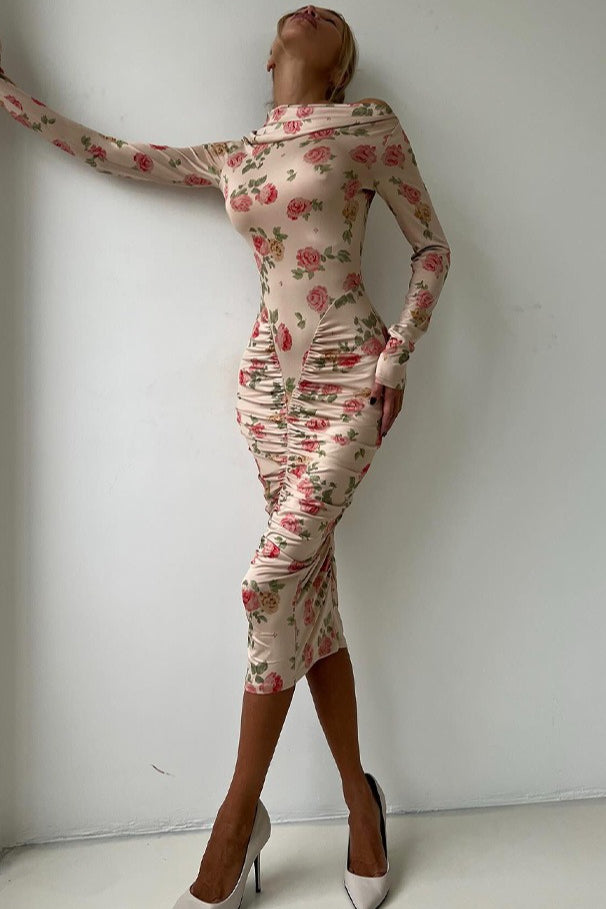 Cowl Neck Off Shoulder Long Sleeve Floral Print Ruched Bodycon Midi Dress