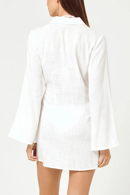 Solid Color Casual Long-sleeved V-neck Tie Waist Mini Dress