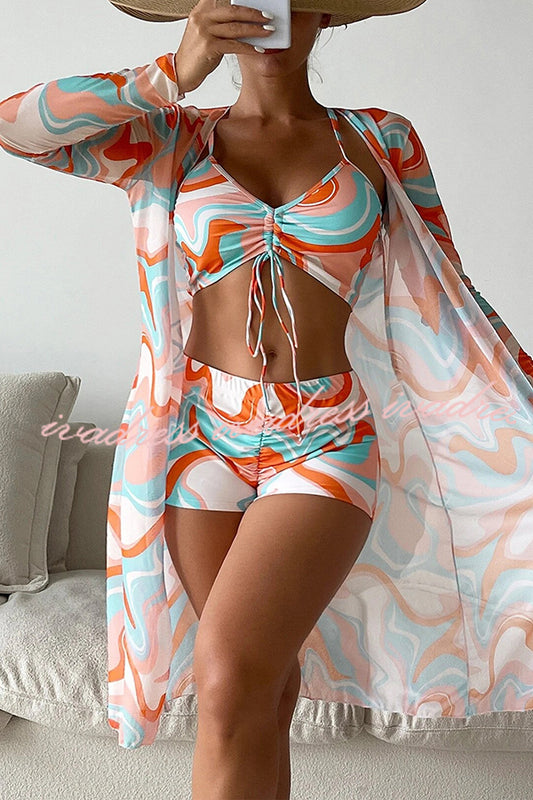 Unique Printed Paneled Lace Up Pleated Three Pieces Swimsuit Set