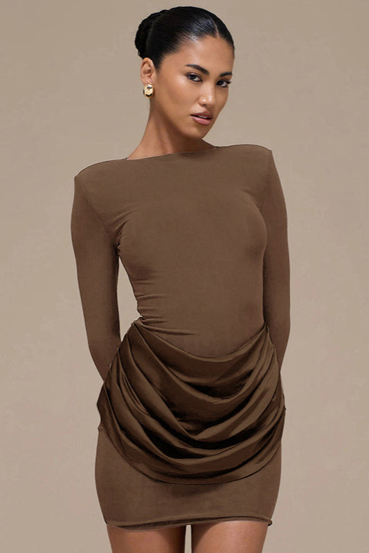 Boat Neck Padded Shoulder Long Sleeve Draped Satin Hip Overlay Bodycon Mini Dress
