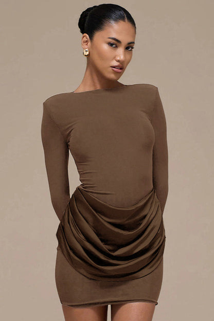 Boat Neck Padded Shoulder Long Sleeve Draped Satin Hip Overlay Bodycon Mini Dress