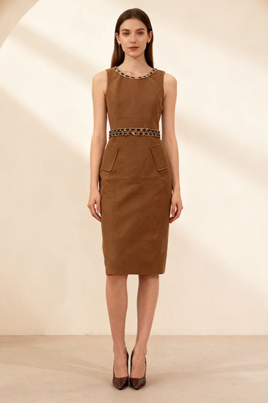 Faux Fur Collar Print Belt Welt Pocket Sleeveless Sheath Midi Dress