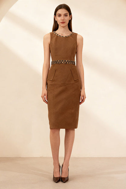 Faux Fur Collar Print Belt Welt Pocket Sleeveless Sheath Midi Dress