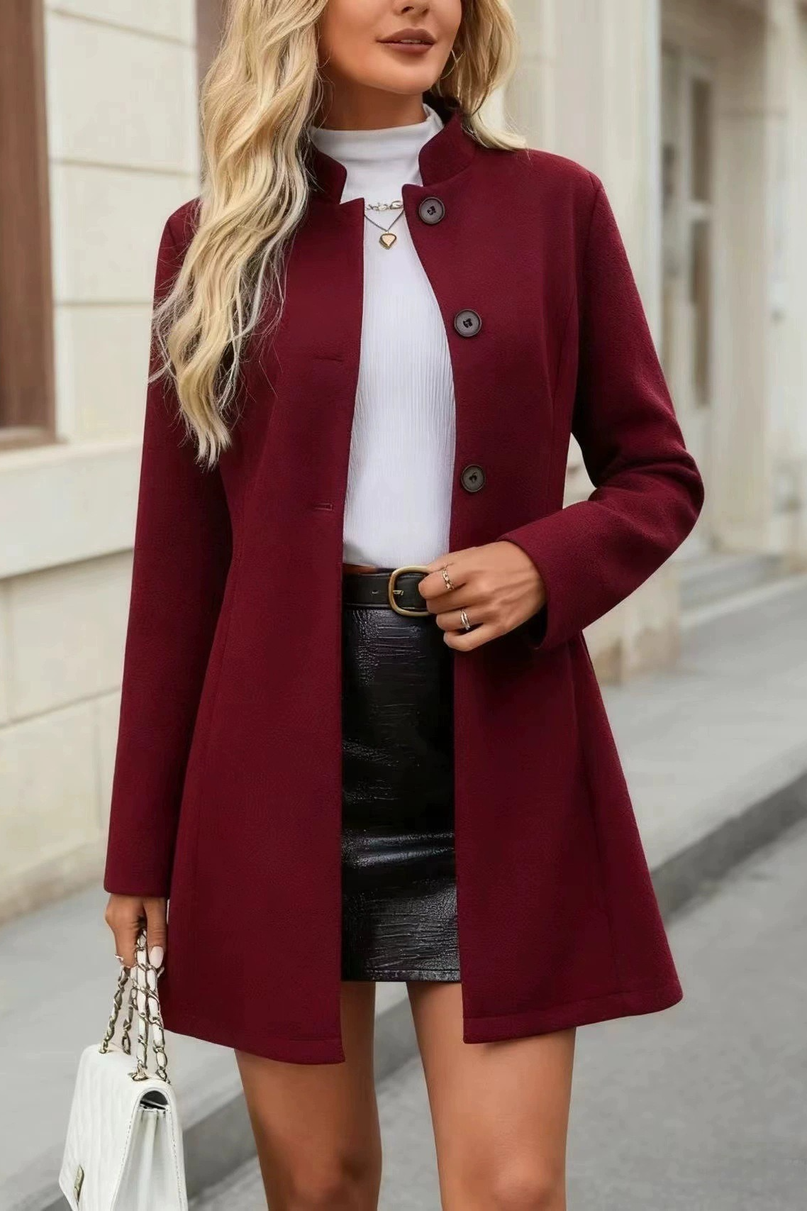Elegant Stand Collar Buttoned A-Line Slim Long Sleeve Overcoat