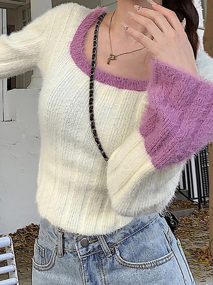 Contrast Color Splice Trumpet Sleeve Slim Sweater