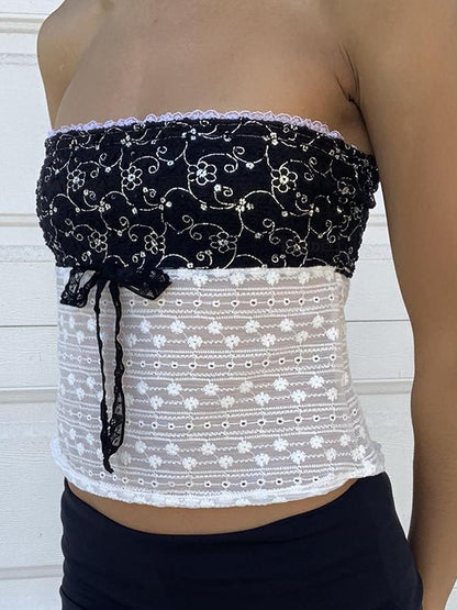 Tie Up Lace Patchwork Bandeau Top