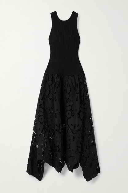 Atlas Asymmetric Ribbed-knit and Guipure Lace Back Zipper Midi Dress