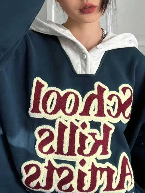 Contrast Color Flocking Letter Embroidery Oversized Hoodie