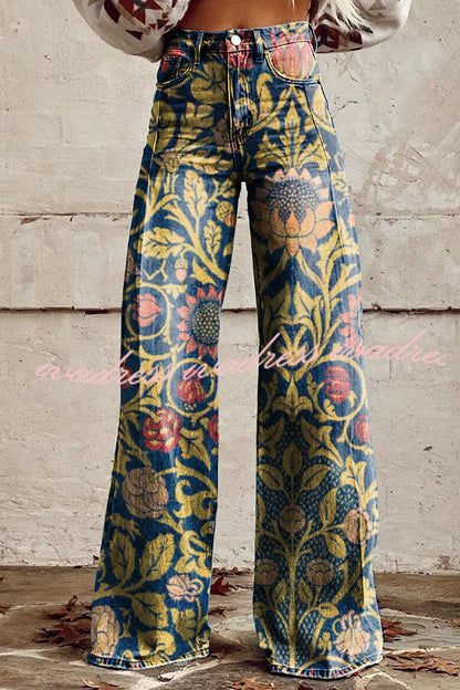 Casual Floral Print Button Pocket Wide Leg Pants
