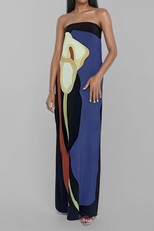 Strapless Bandeau Abstract Floral Print Column Maxi Dress