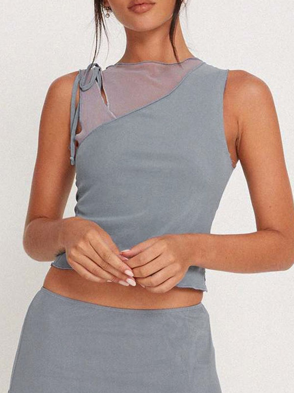 Mesh Stitching Asymmetric Lace Up Tank Top