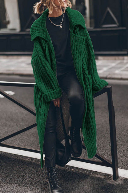 Chunky and Warm Knit Button Pocketed Oversized Midi Cardigan